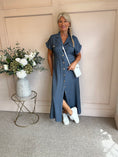 Load image into Gallery viewer, Gold Button Shirt  Dress - Denim Blue - Wardrobe By Simone

