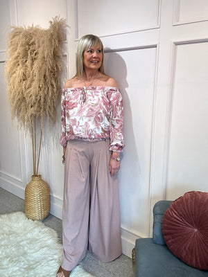 Ruffle Neck Flower Leaf Blouse - Dusky Pink/White