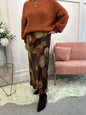 Satin Mottled Maxi Skirt - Brown/Tan