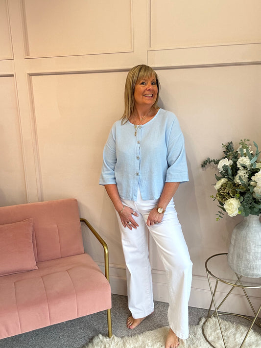 Cotton Buttoned Top  - Powder Blue - Wardrobe By Simone