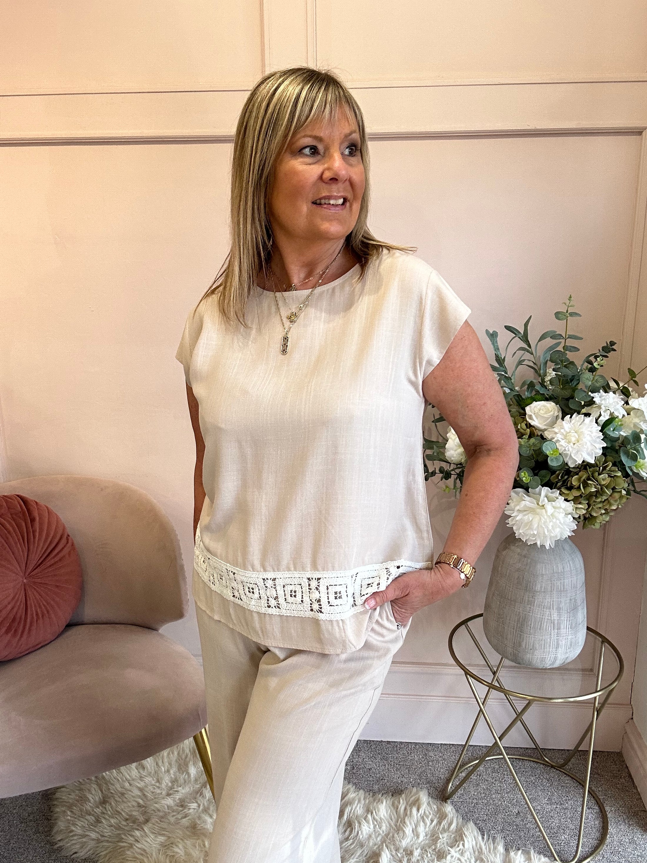 Detailed Edge Top & Pant Set - Soft Taupe - Wardrobe By Simone