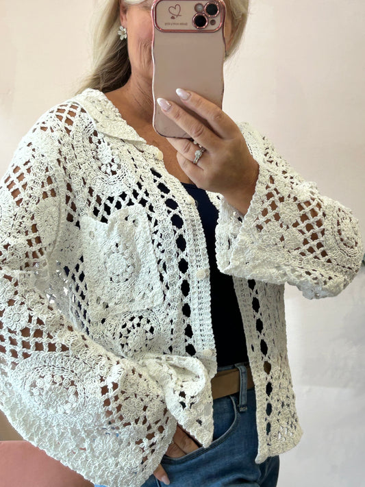 Crochet Collared Shirt Cardi - Beige - Wardrobe By Simone