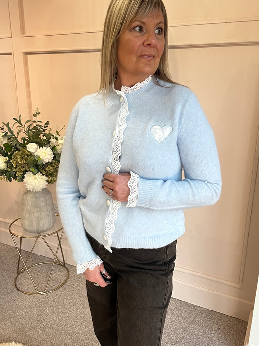 Lace Detail & Heart Cardigan - Soft Blue