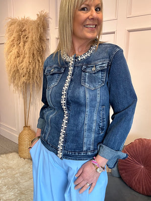Pearl Embellished Denim Jacket - Dark Blue
