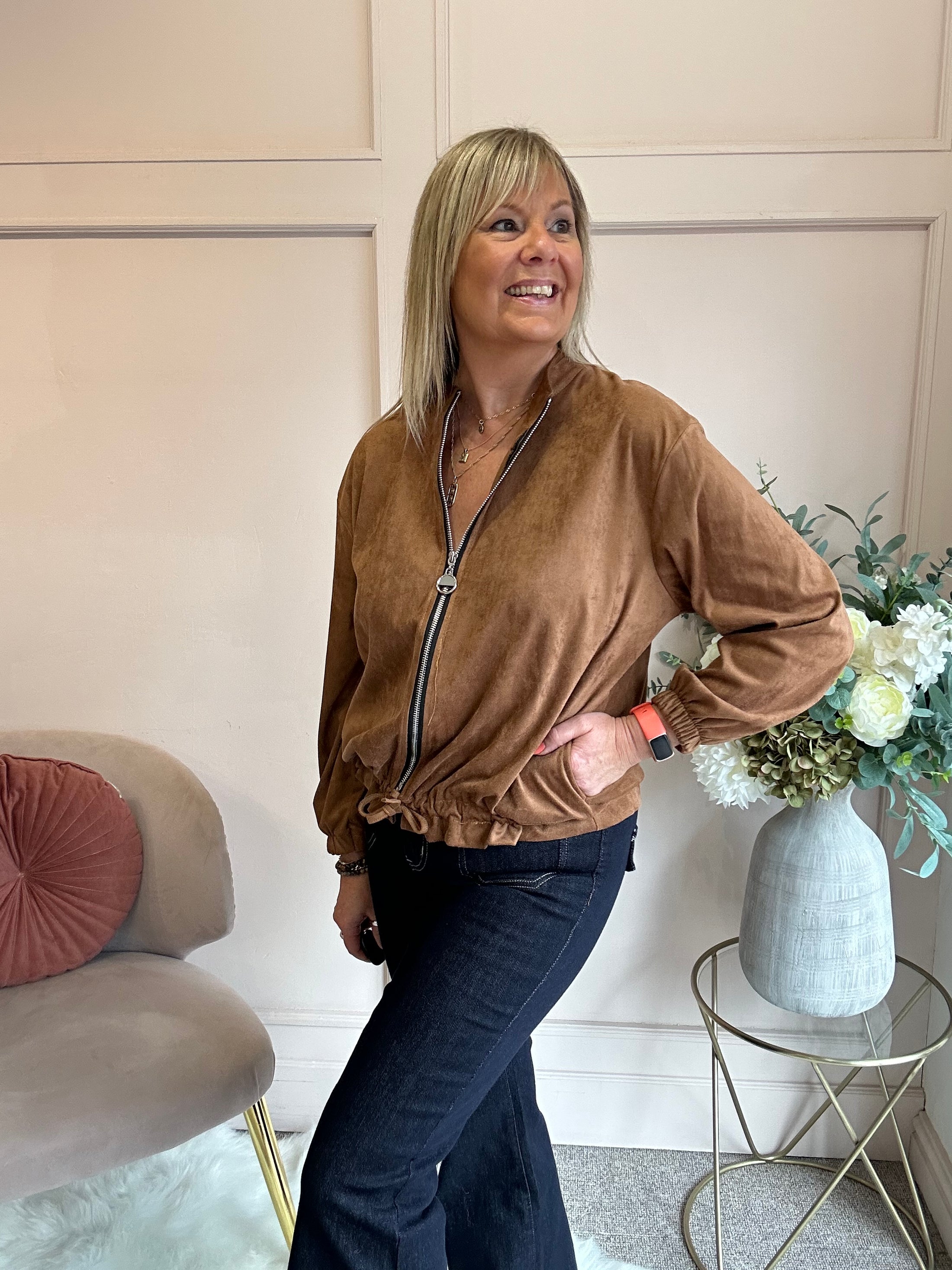 Suedette Zip Jacket - Golden Brown