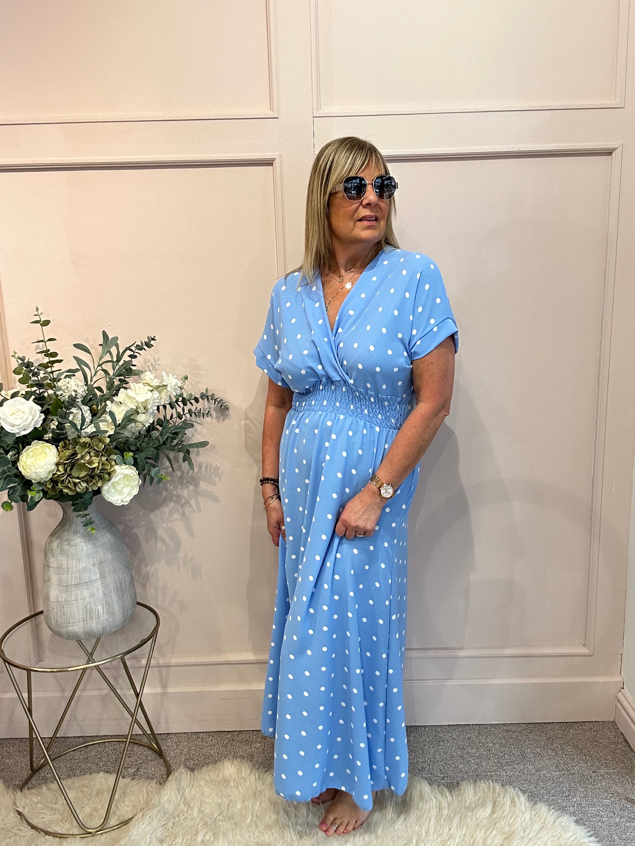Polkadot V Neck Dress - Cornflower Blue/White One Size
