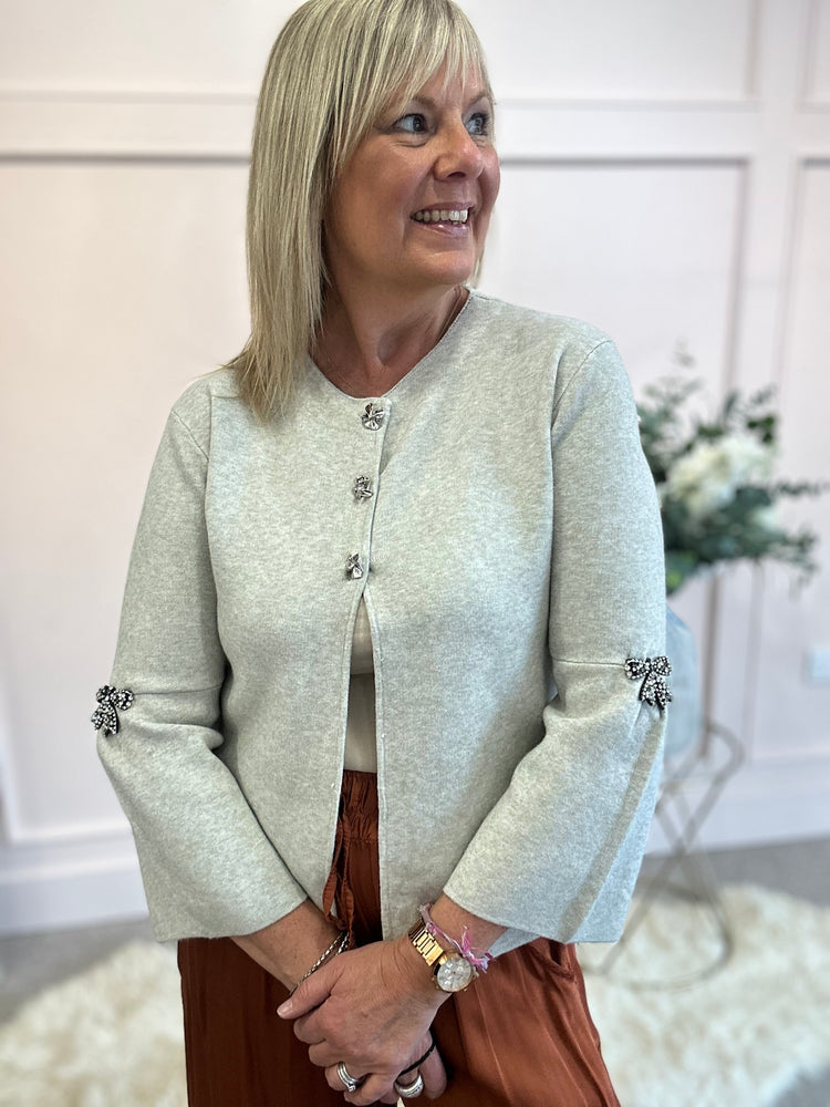 Sparkle Bow Detail Cardigan  - Oatmeal