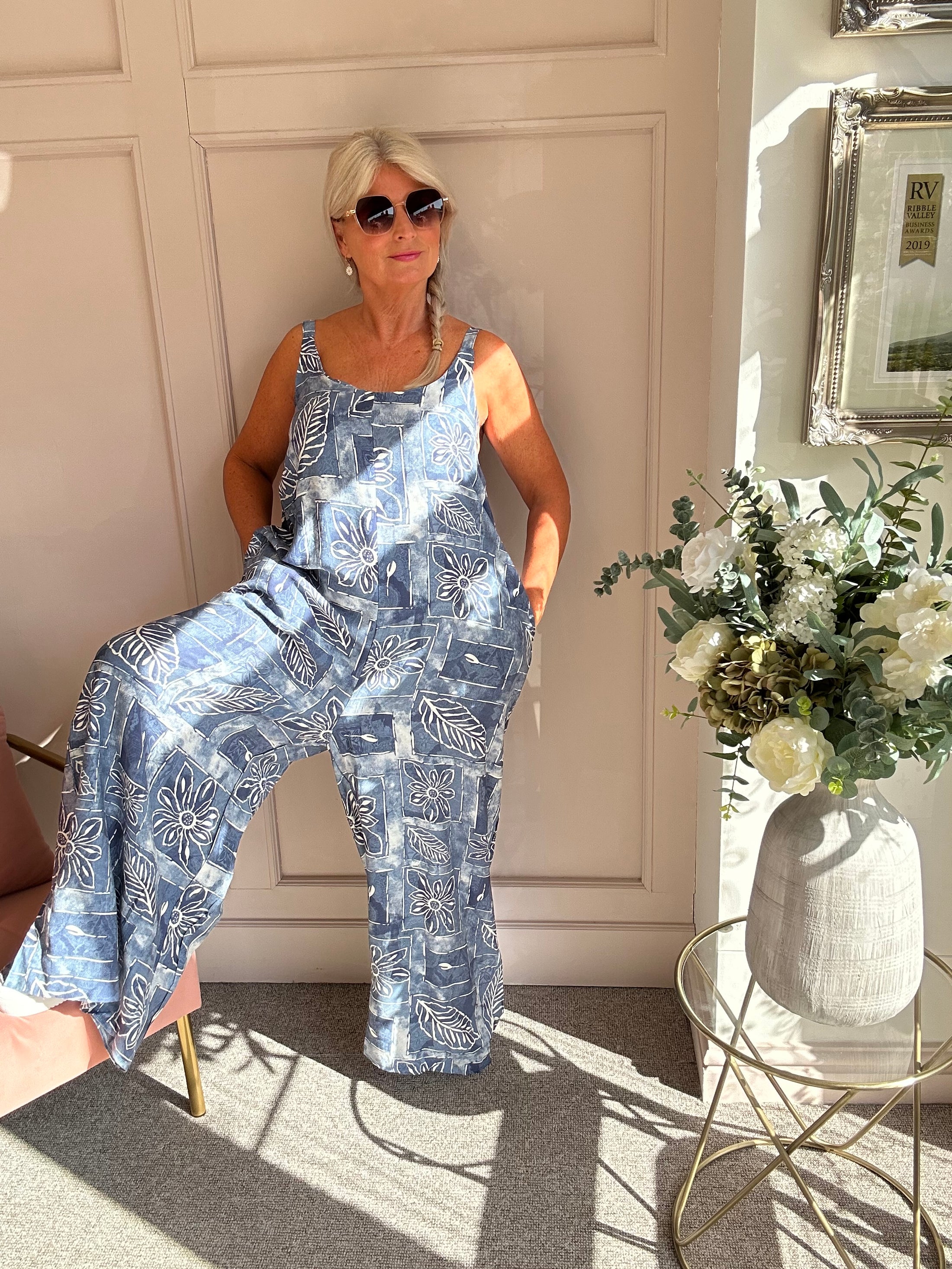 Floral Leaf Design Dungarees - Blue/White - Wardrobe By Simone