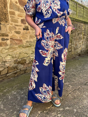 Aztec Flower Wide Pant - Electric Blue/Cream