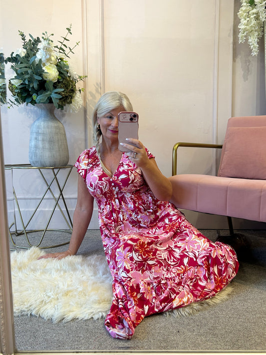 Frill Cap Sleeve Midi Dress  - Pinks/White - Wardrobe By Simone