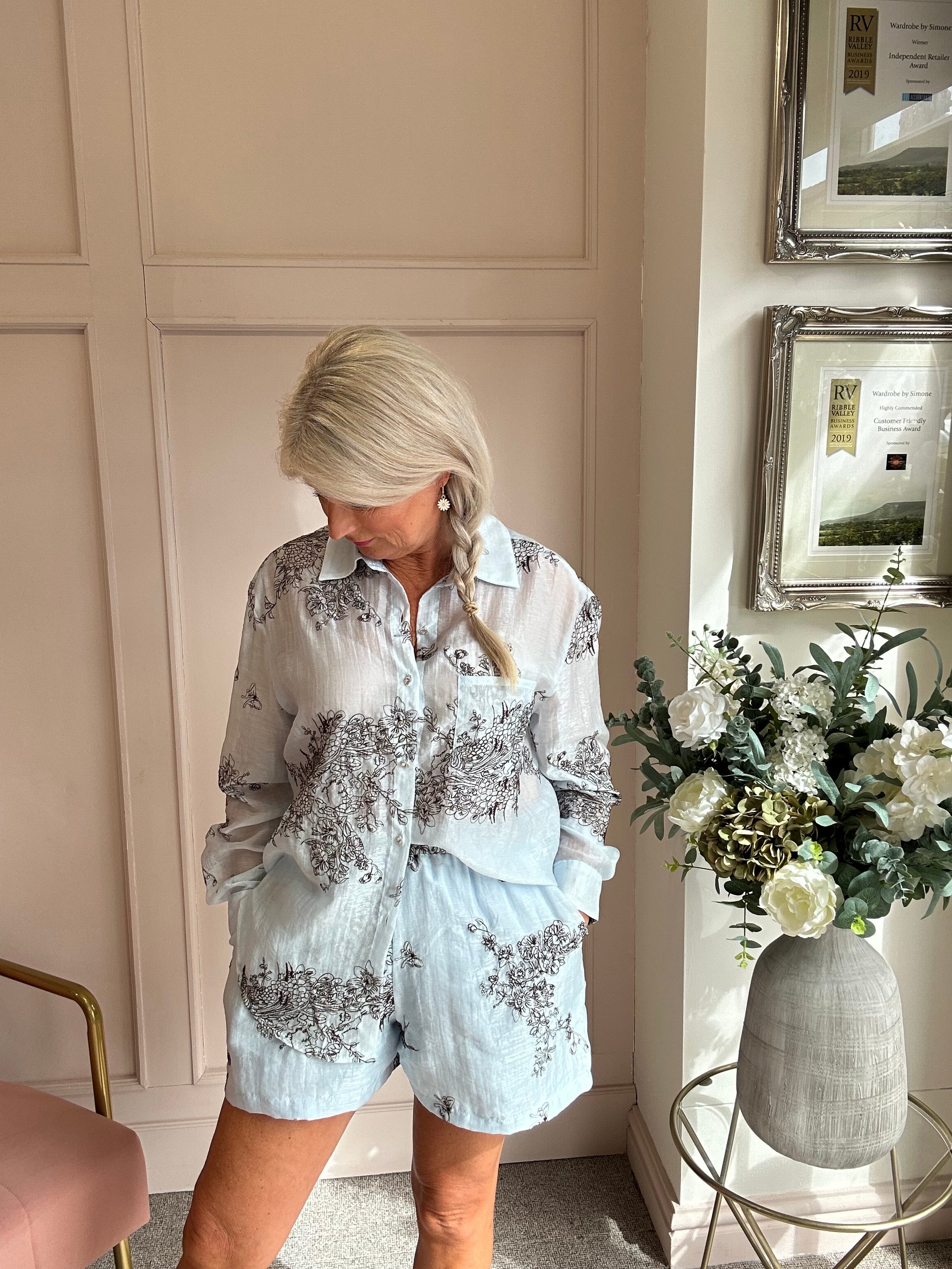 Embroidered Shirt & Short Set - Soft Blue - Wardrobe By Simone