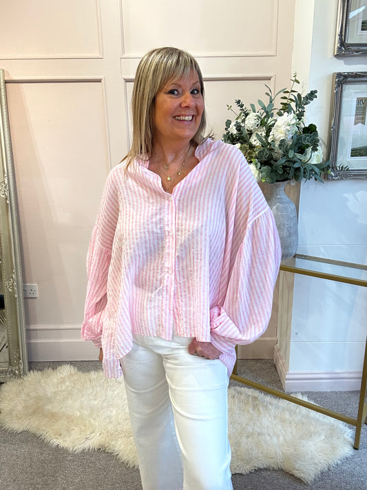 Striped Grandad Shirt - Pink/White - Wardrobe By Simone