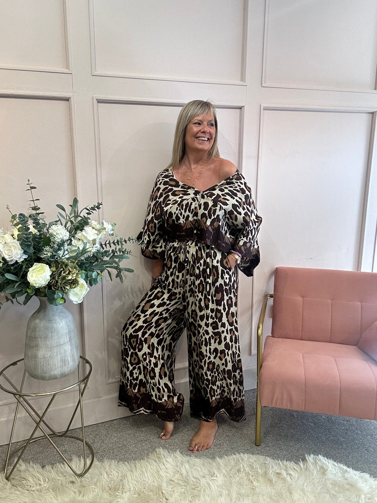 Leopard Top & Wide Pant Set - Brown/Cream