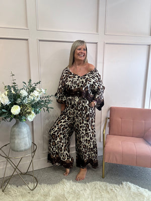 Leopard Top & Wide Pant Set - Brown/Cream