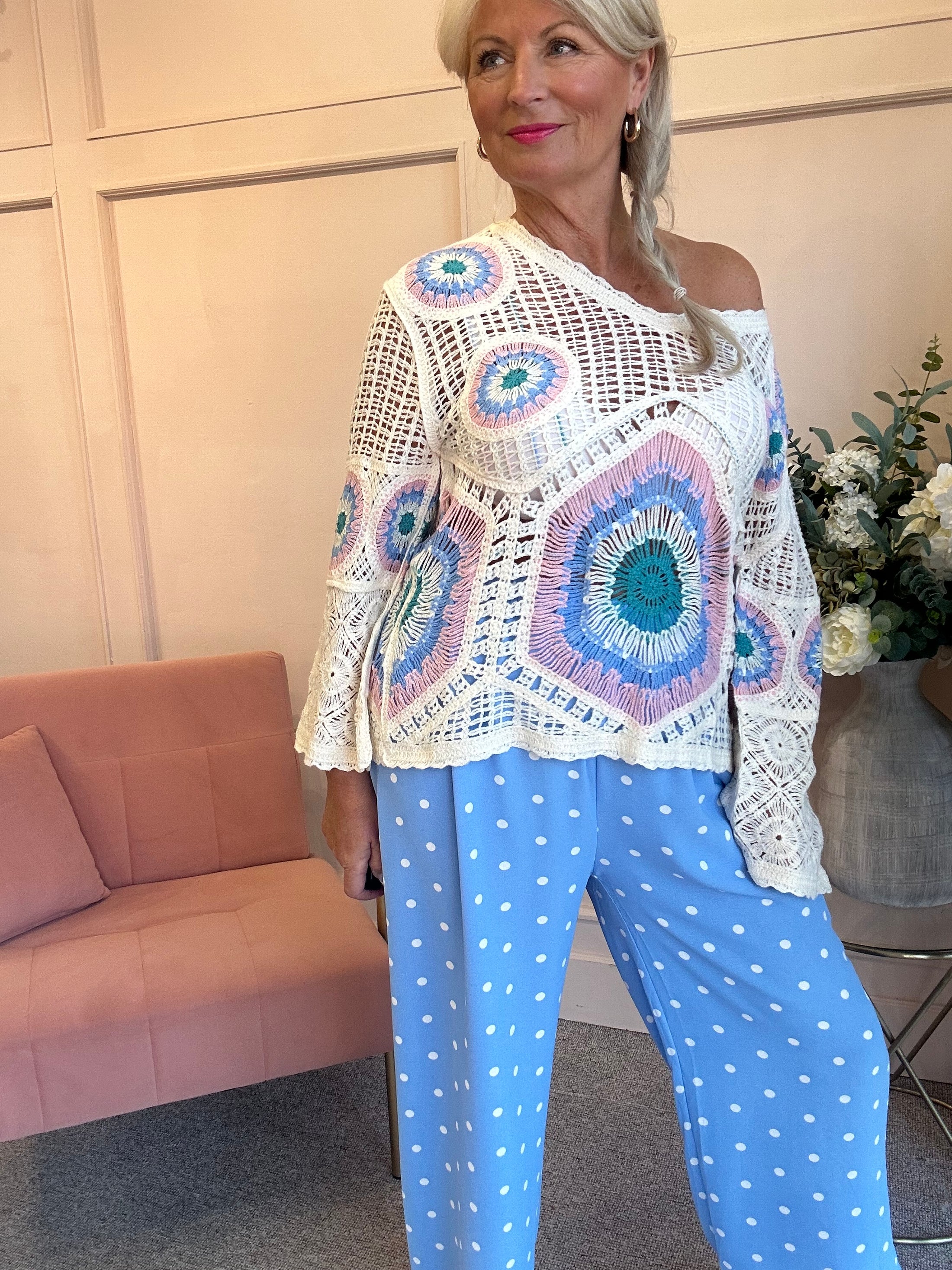 Crochet V Neckline Jumper - Cream/Pink/Blue - Wardrobe By Simone