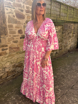 Flower Leaf Mix Maxi Dress - Pink/White