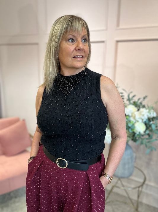 Beaded Sleeveless Knit Top - Black