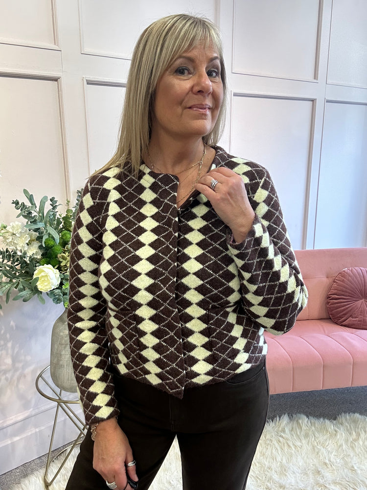 Diamond Checked Cardi Jacket - Choc/Lime