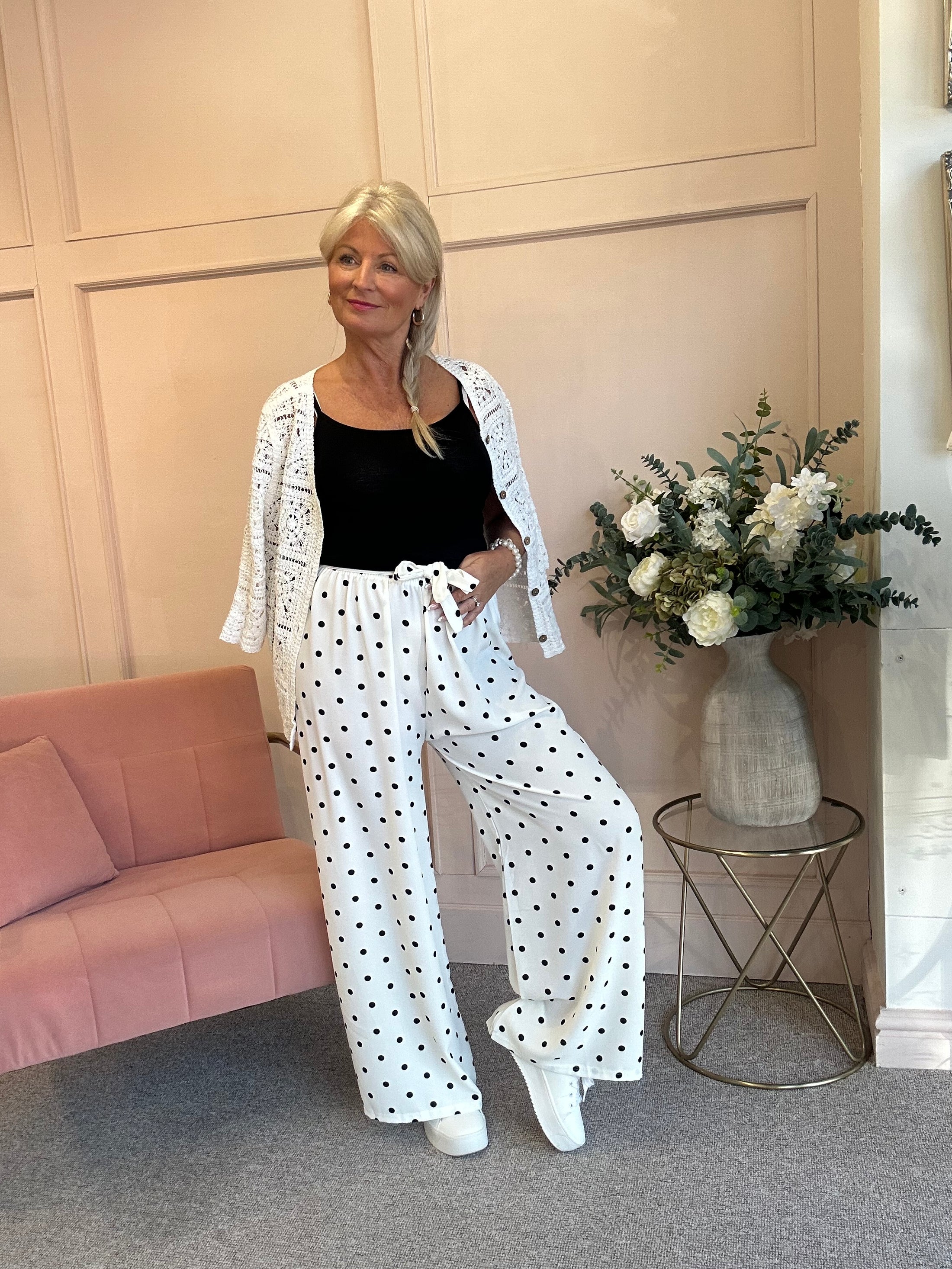 Polka Dot Tie Belt Pant - Off White/Black - Wardrobe By Simone