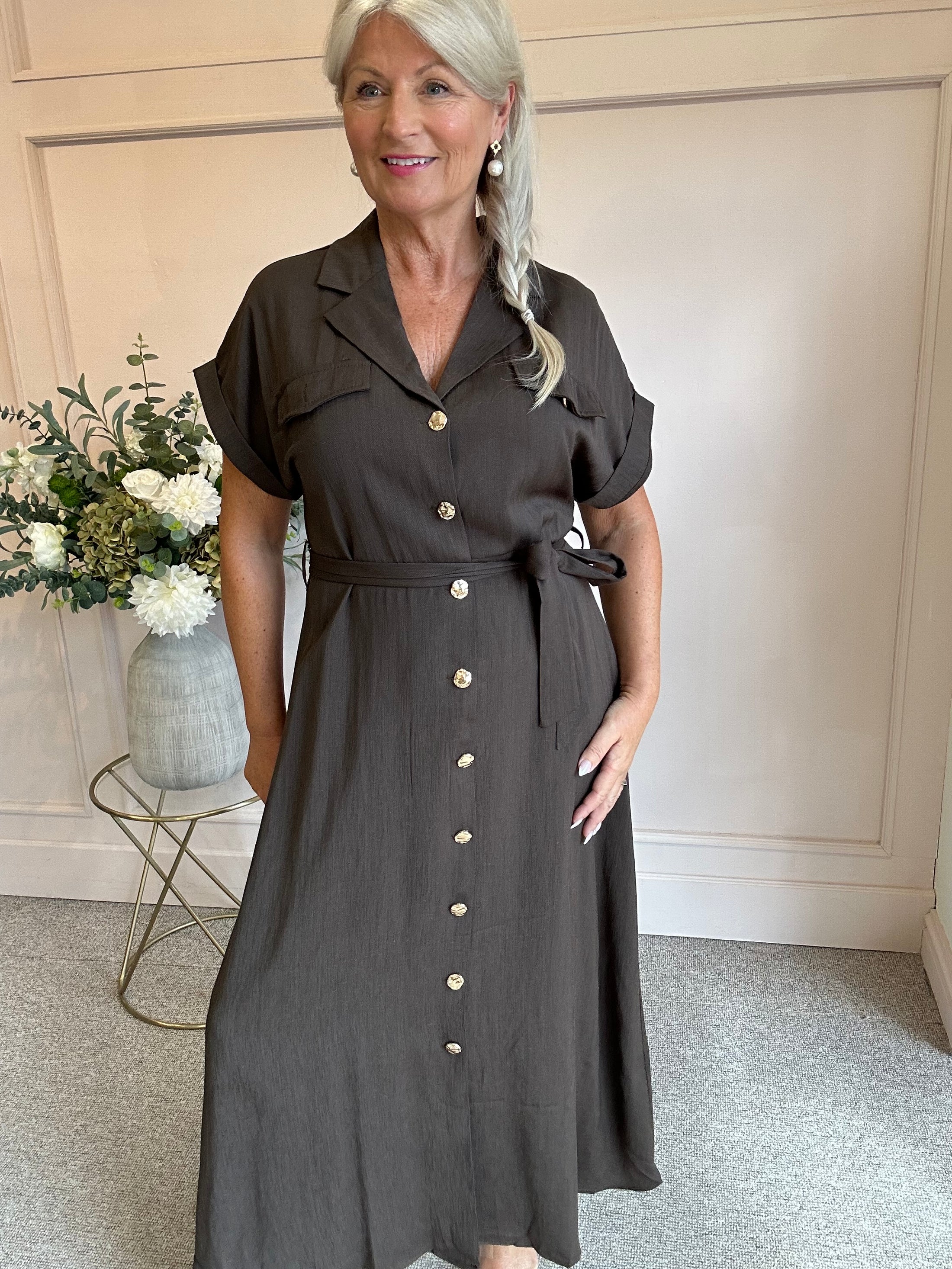 Gold Button Shirt  Dress - Brown - Wardrobe By Simone