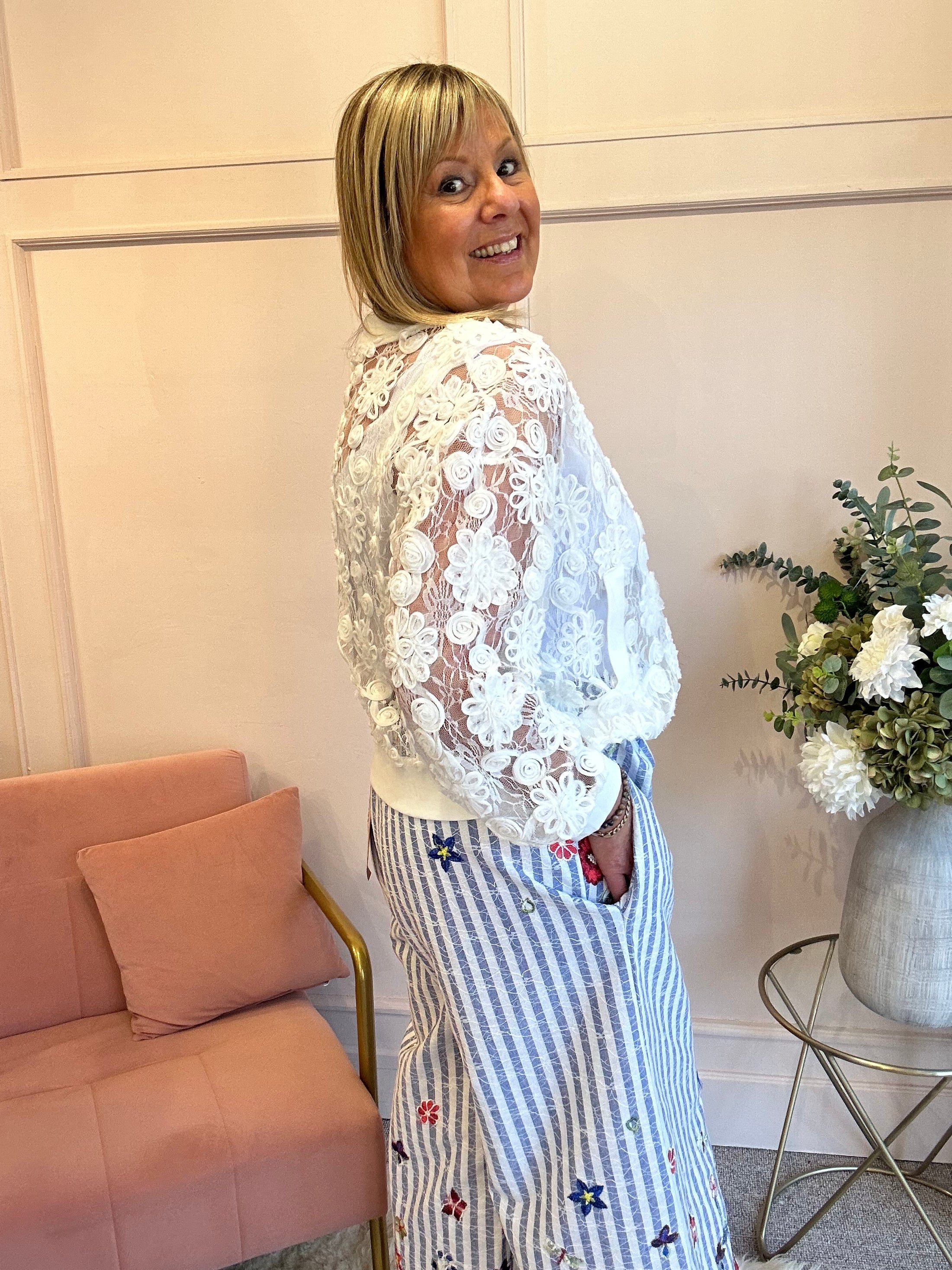 Floral Ribbon Zipped Top - White - Wardrobe By Simone