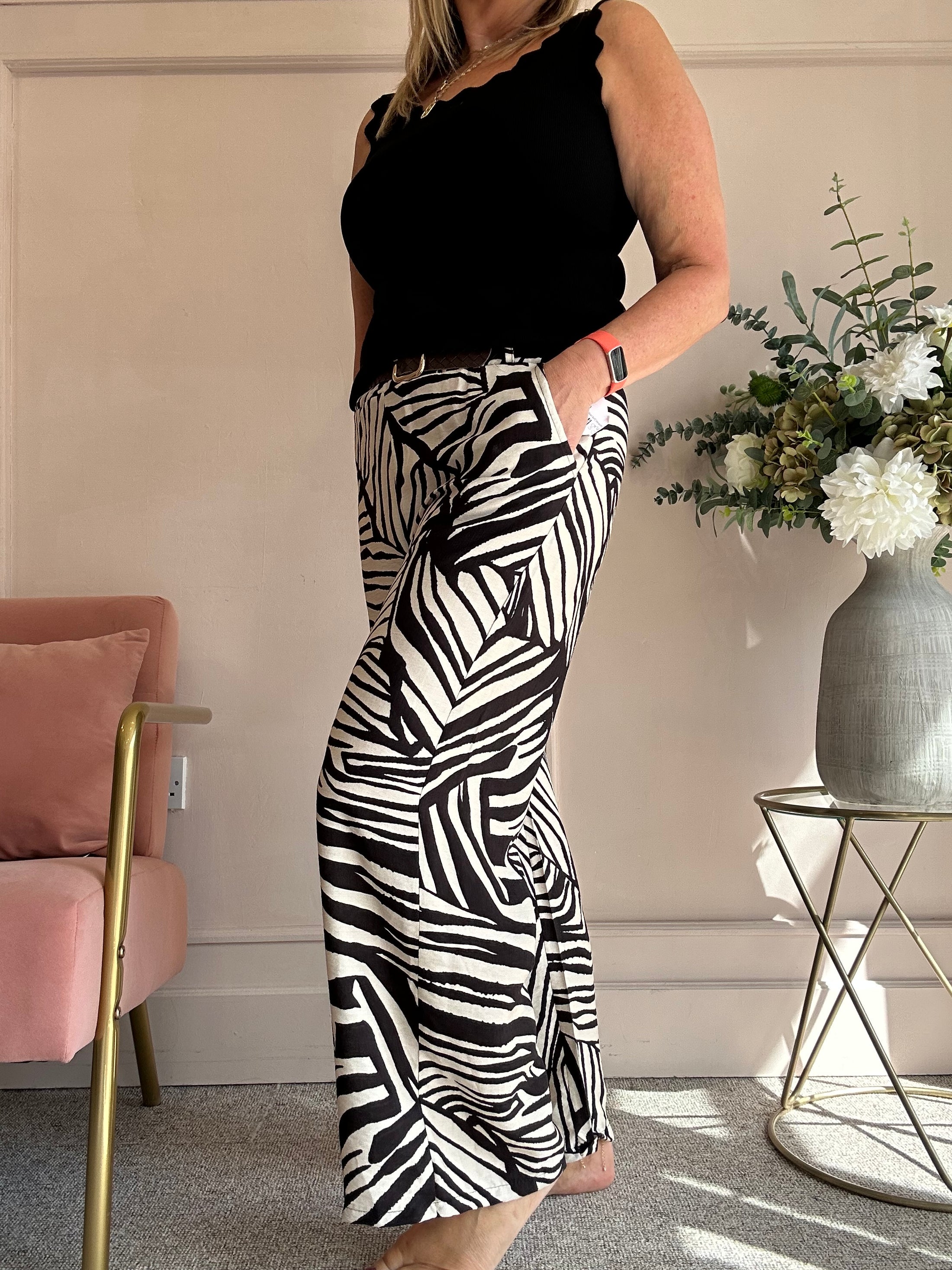 Belted Zebra Wide Pant - Black/Cream