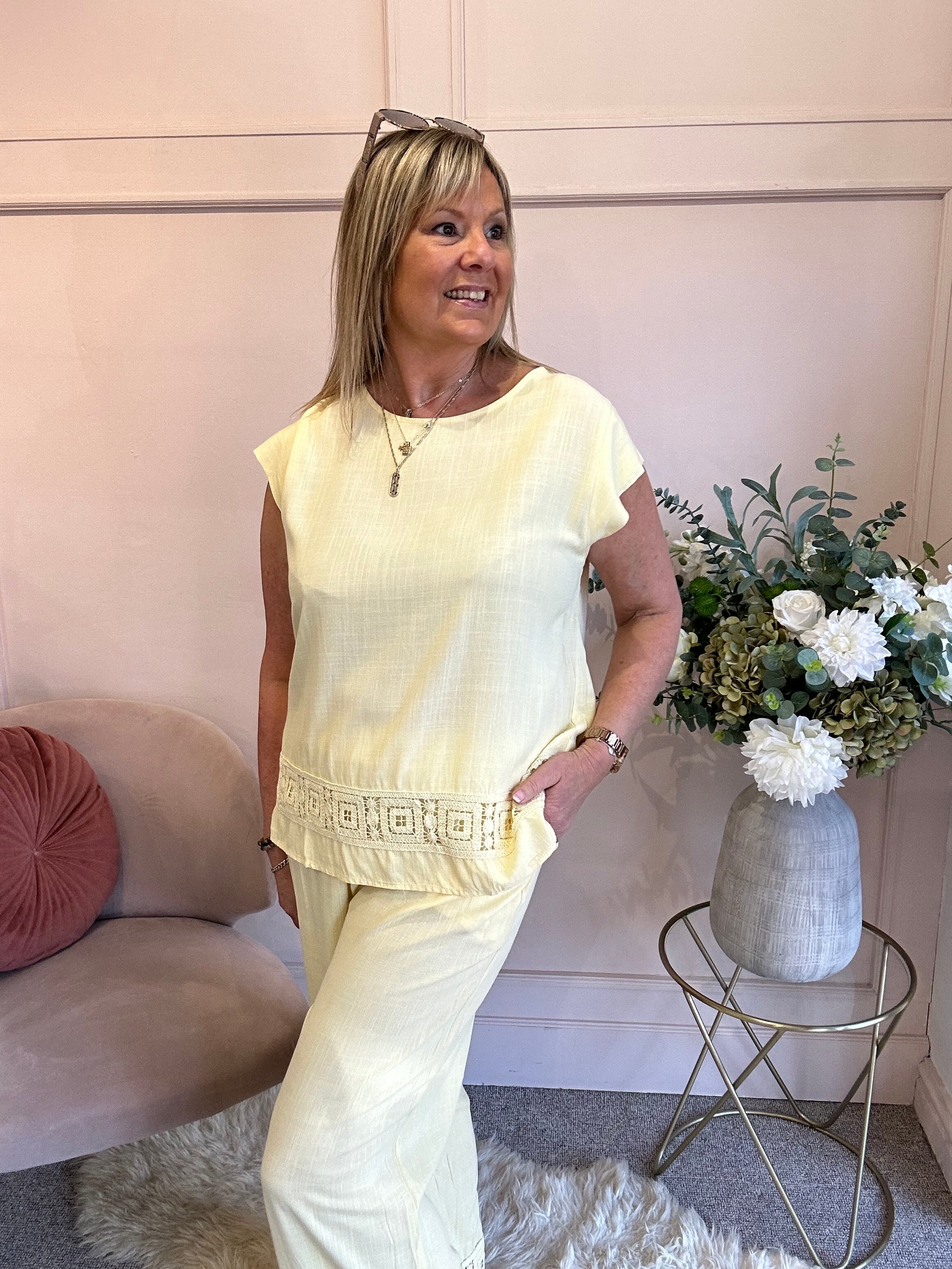 Detailed Edge Top & Pant Set - Soft Lemon - Wardrobe By Simone