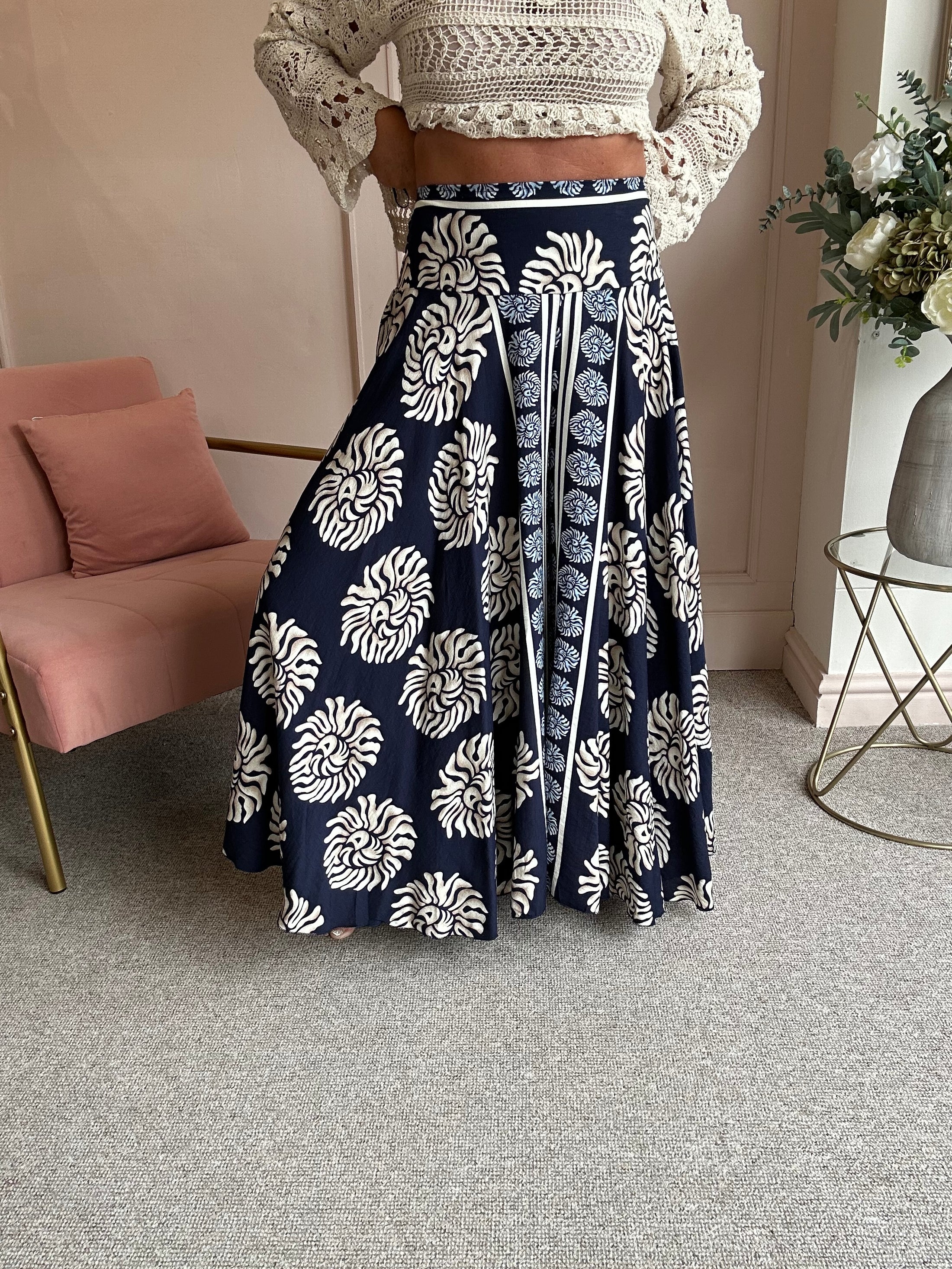 Wide Patterned Culottes Pant - Navy/Cream - Wardrobe By Simone