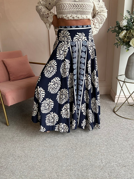 Wide Patterned Culottes Pant - Navy/Cream - Wardrobe By Simone