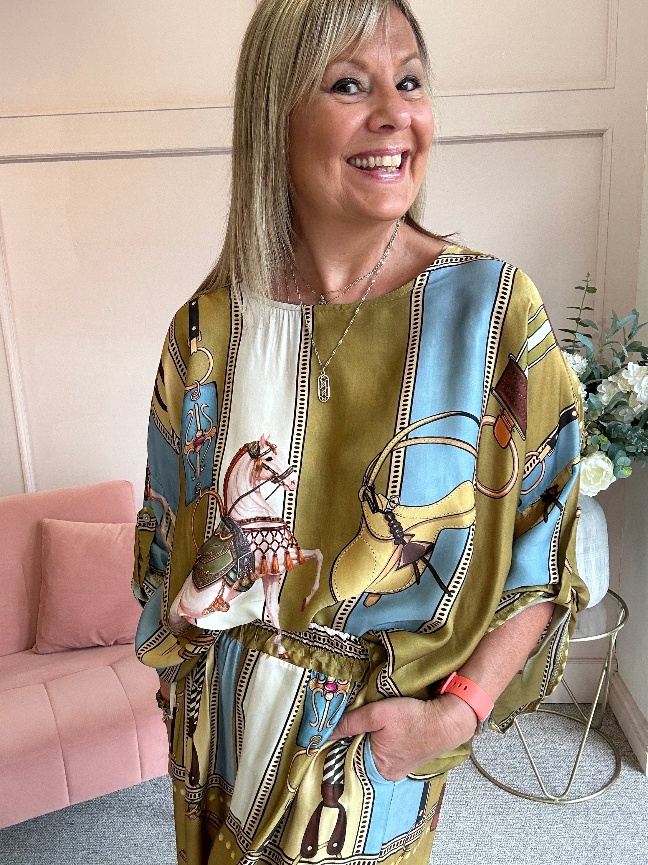 Horse & Bridle Silk Top - Mustard/Blue - Wardrobe By Simone