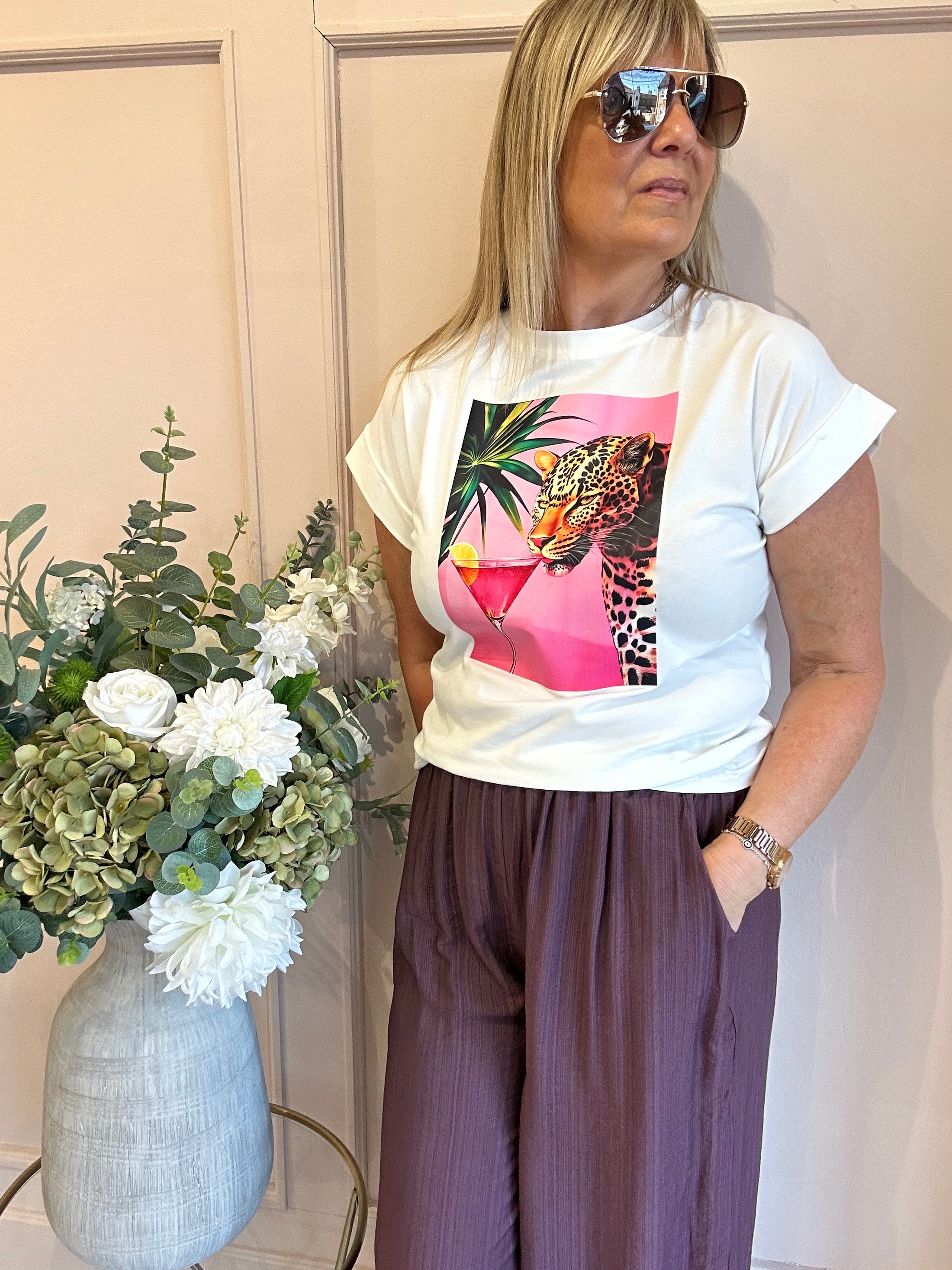 Leopard & Cocktail T Shirt  - White