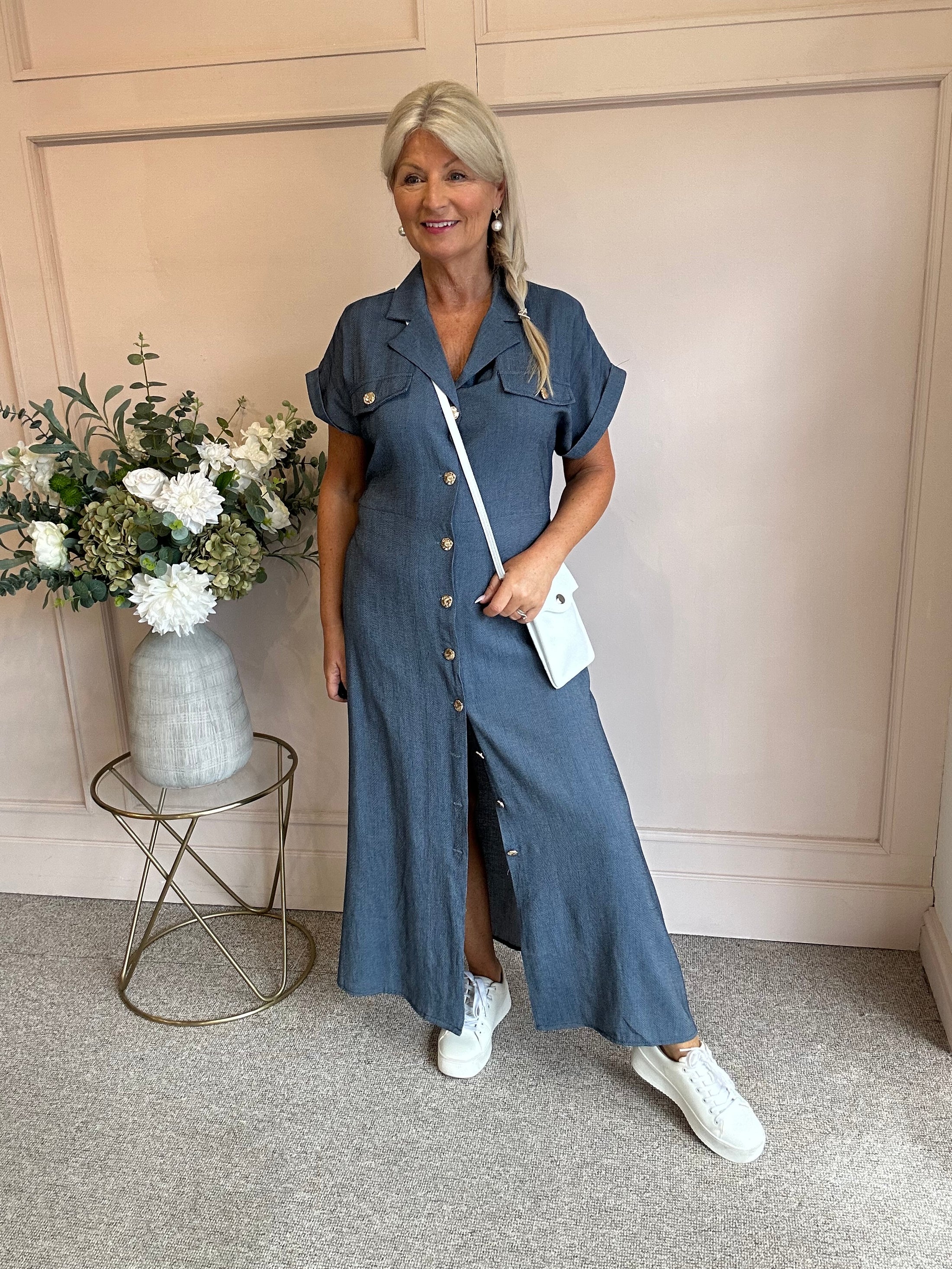 Gold Button Shirt  Dress - Denim Blue - Wardrobe By Simone