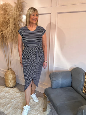 Striped Tulip Fold Dress - Navy/White
