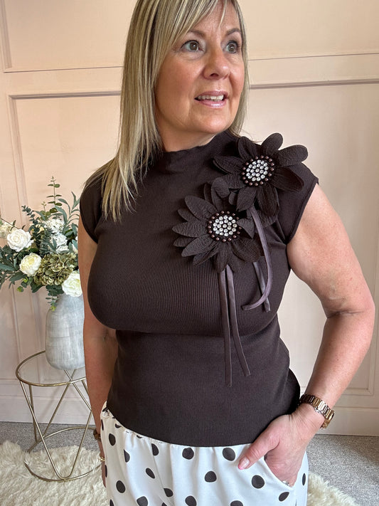 Sleeveless Diamante Flower Knit Top - Brown - Wardrobe By Simone