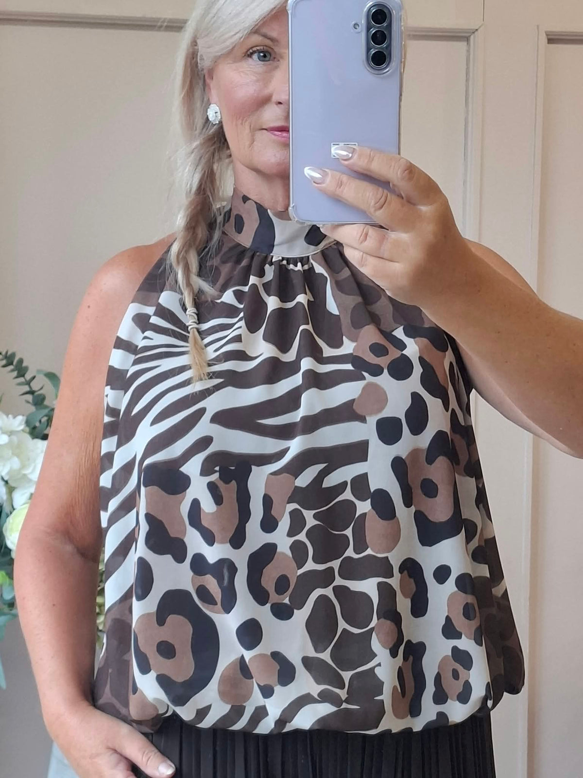 Zebra Halter Neck Top - Brown/Cream