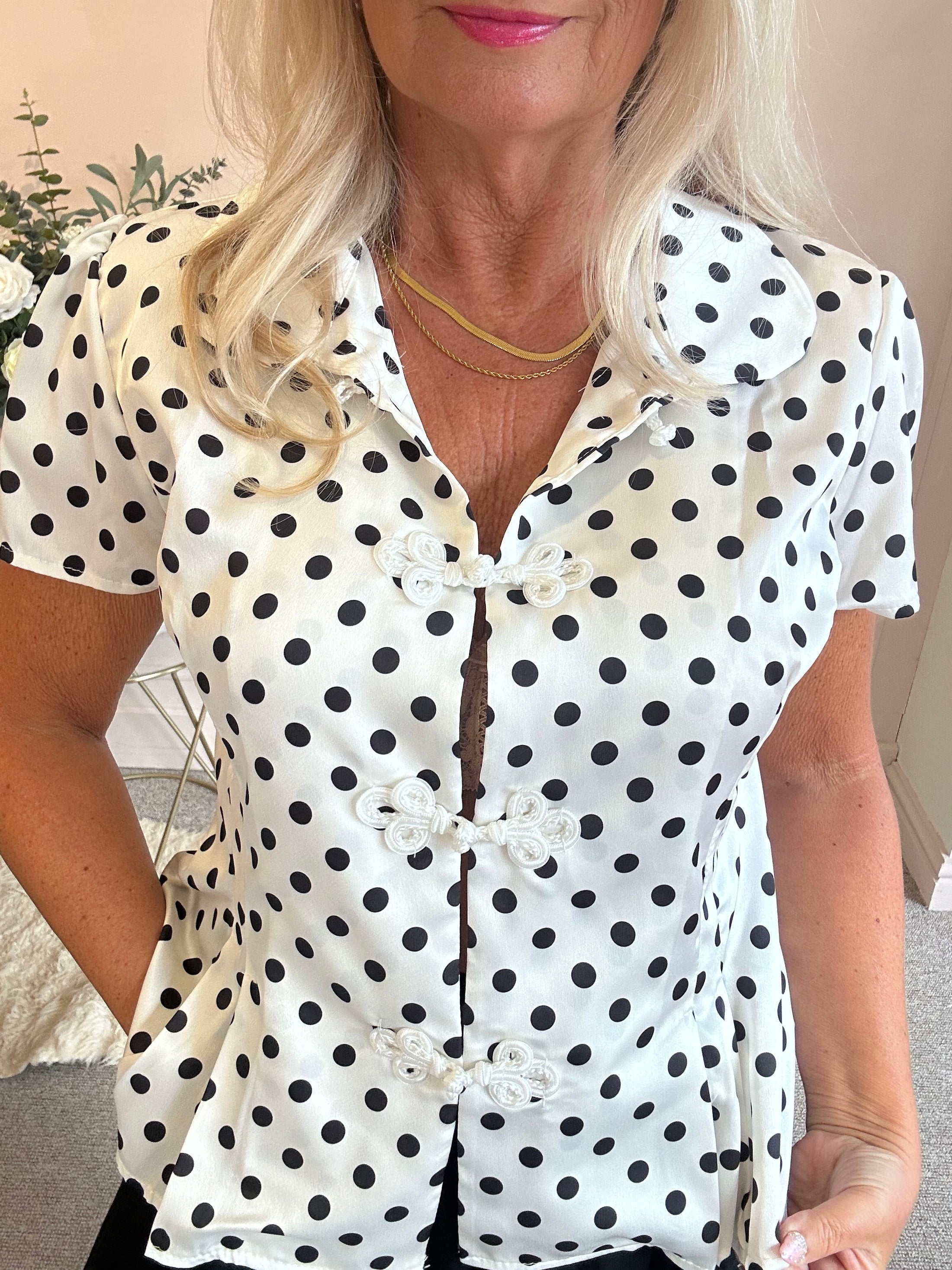 Spotty Collared Shirt Blouse - White/Black - Wardrobe By Simone