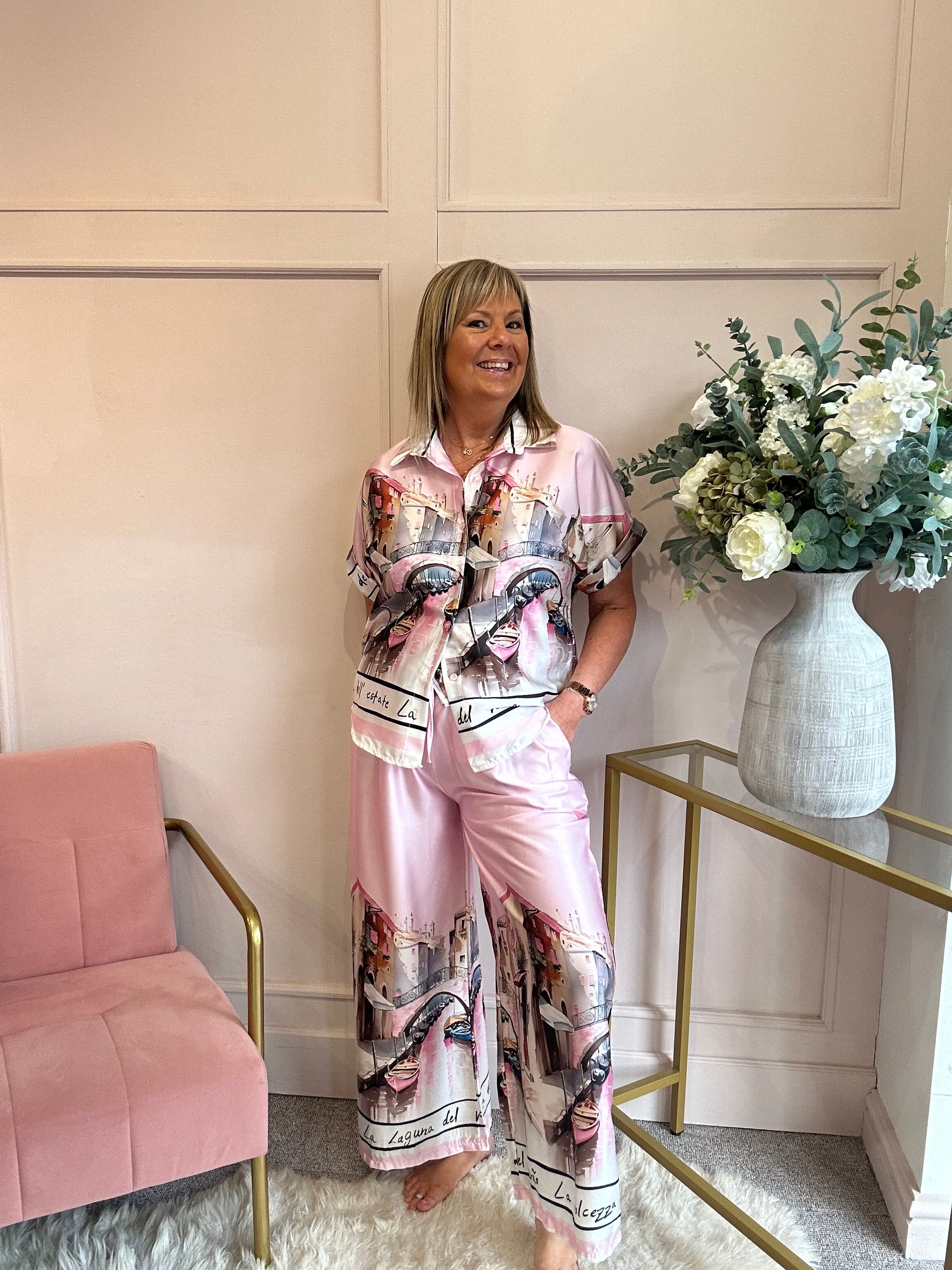 Vienna Scene Shirt & Pant Set - Pink/Mix - Wardrobe By Simone