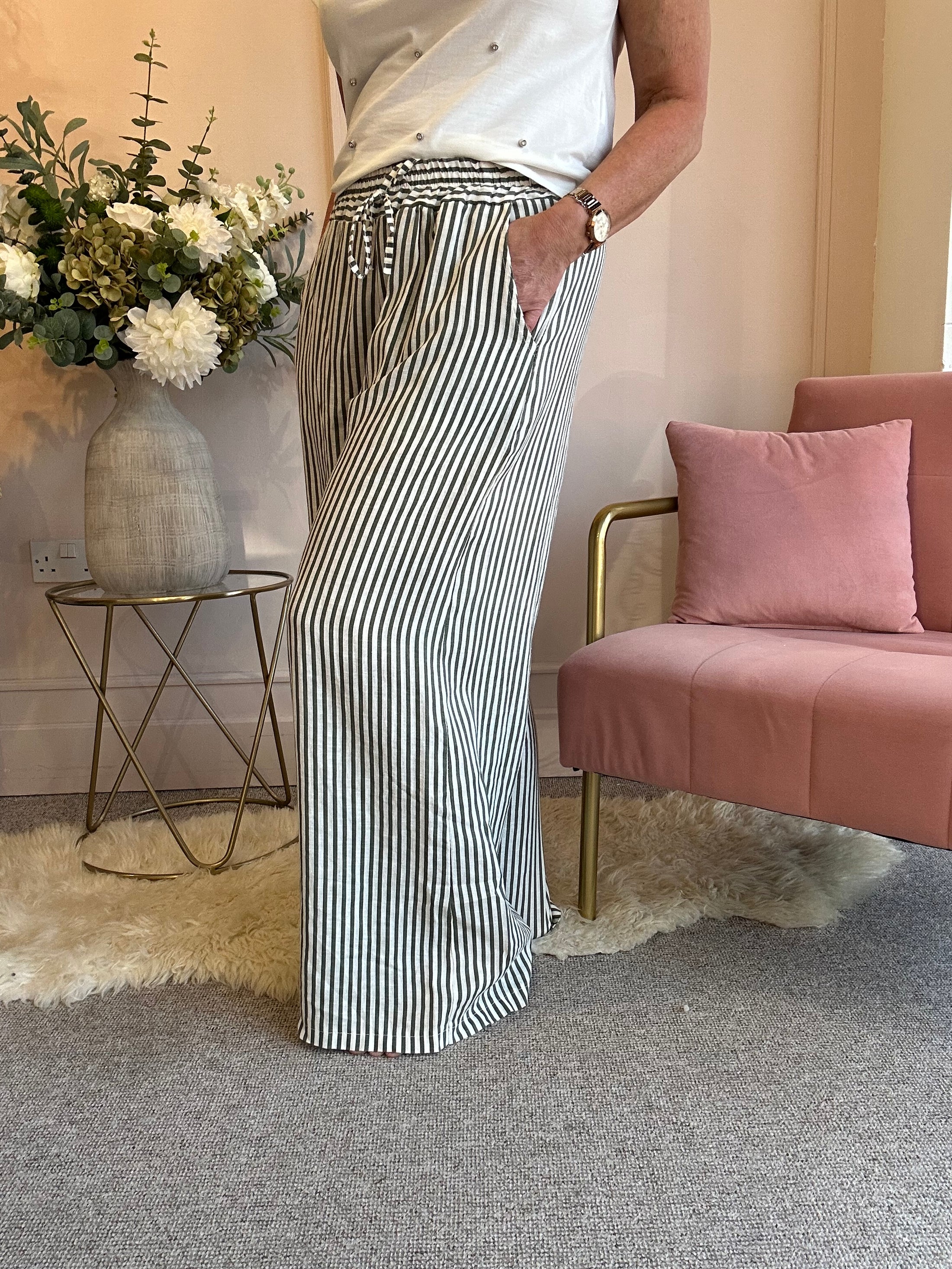 Dare To Stand Out Striped Pant - Khaki/Cream - Wardrobe By Simone