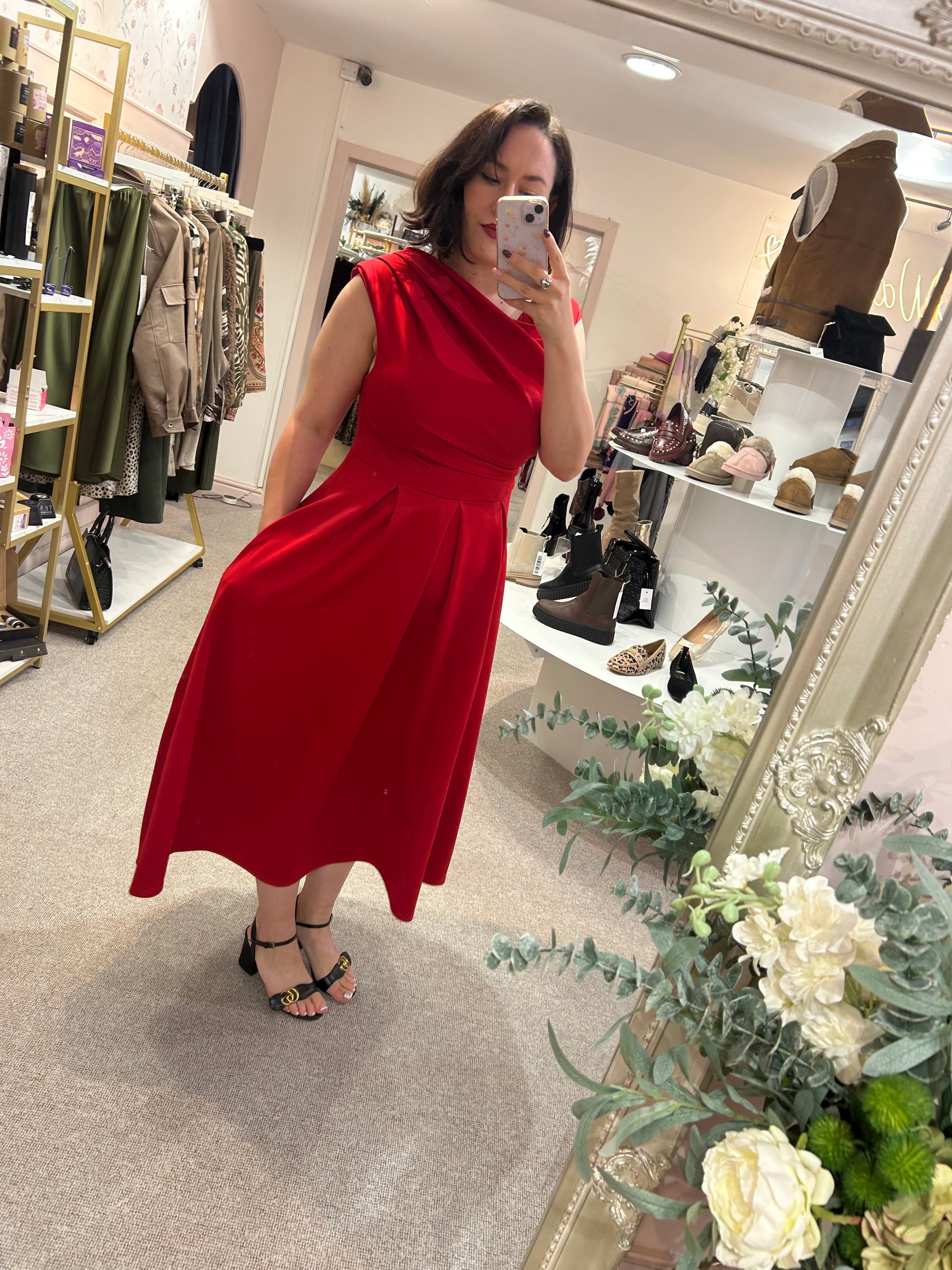 Asymmetric Neckline Skater Dress - Red