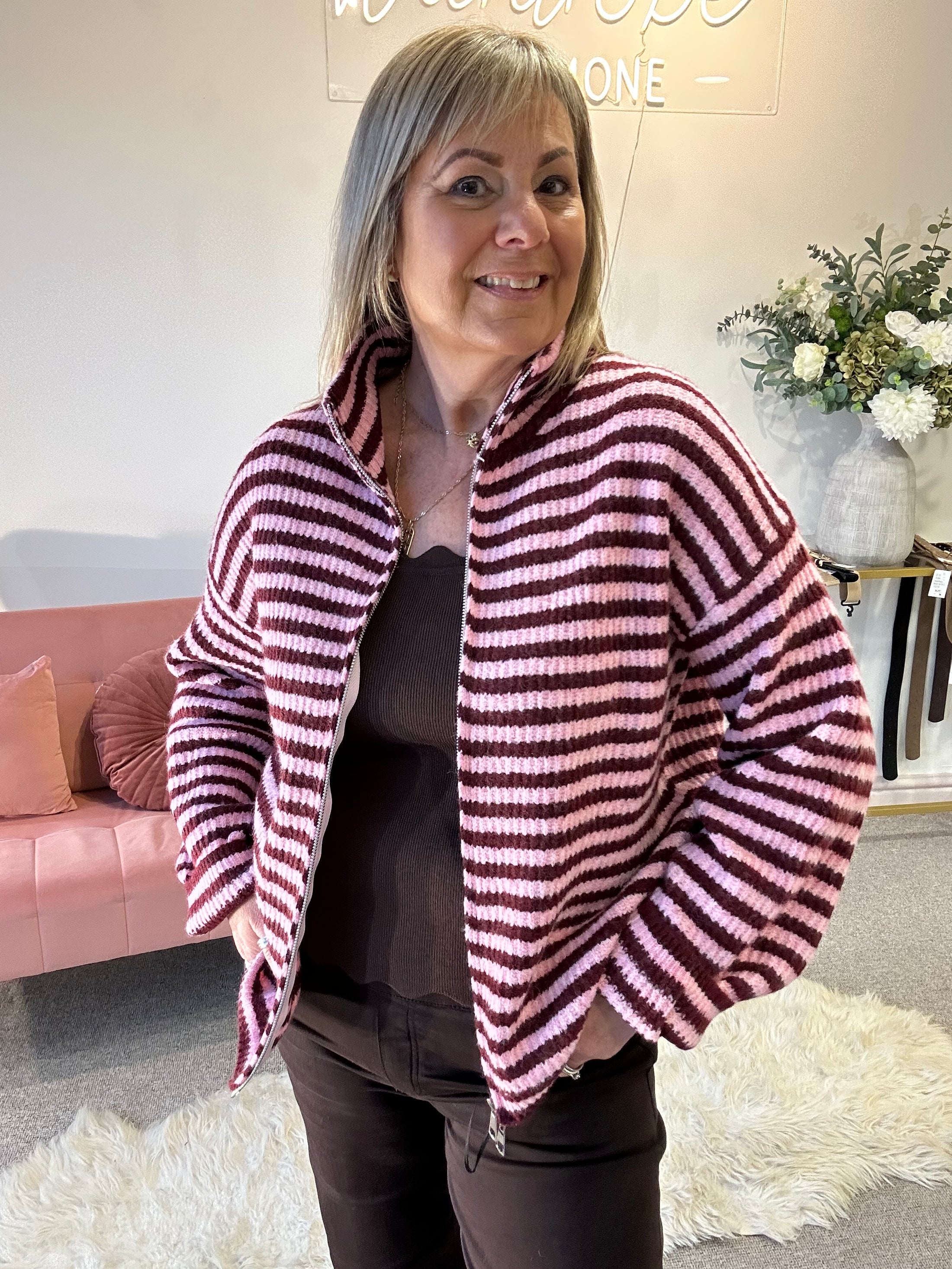 Zip Up Fun Striped Cardigan -  Pink/Burgundy