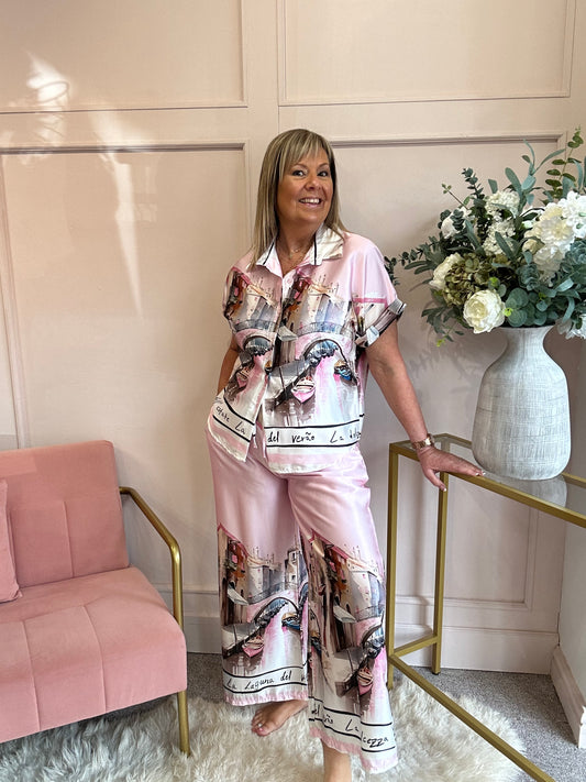 Vienna Scene Shirt & Pant Set - Pink/Mix - Wardrobe By Simone