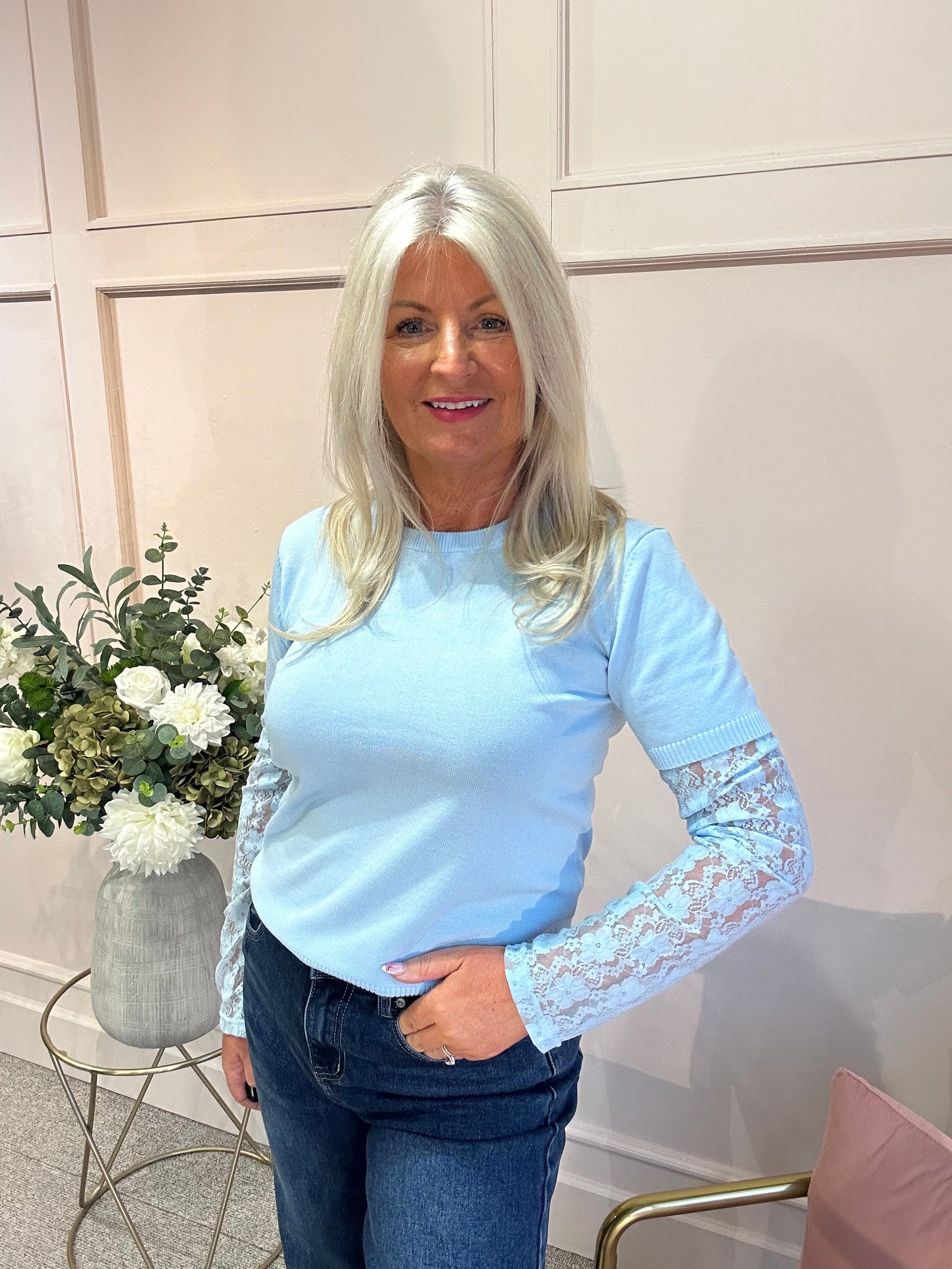 Fine Knit Jumper Lace Sleeve - Light Blue