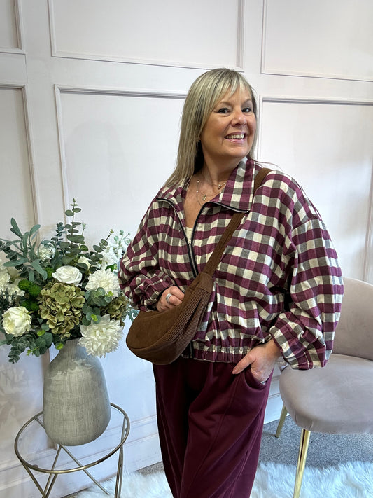 A Checked Zip Jacket - Burgundy/Cream - Wardrobe By Simone