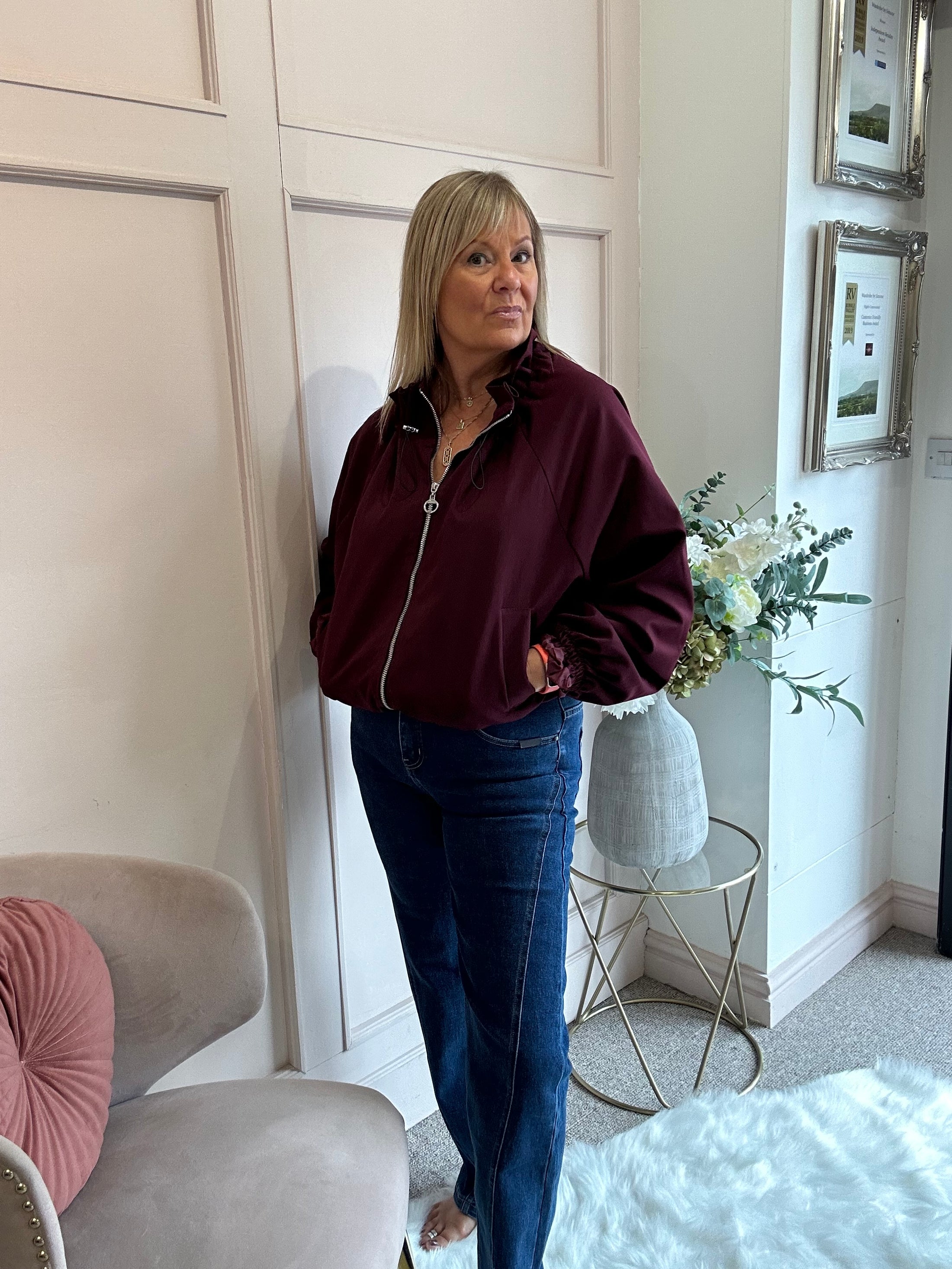 Ruffle Collar Zip Jacket - Burgundy
