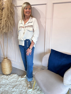 Gold Accents On Oversized Shirt  - Cream