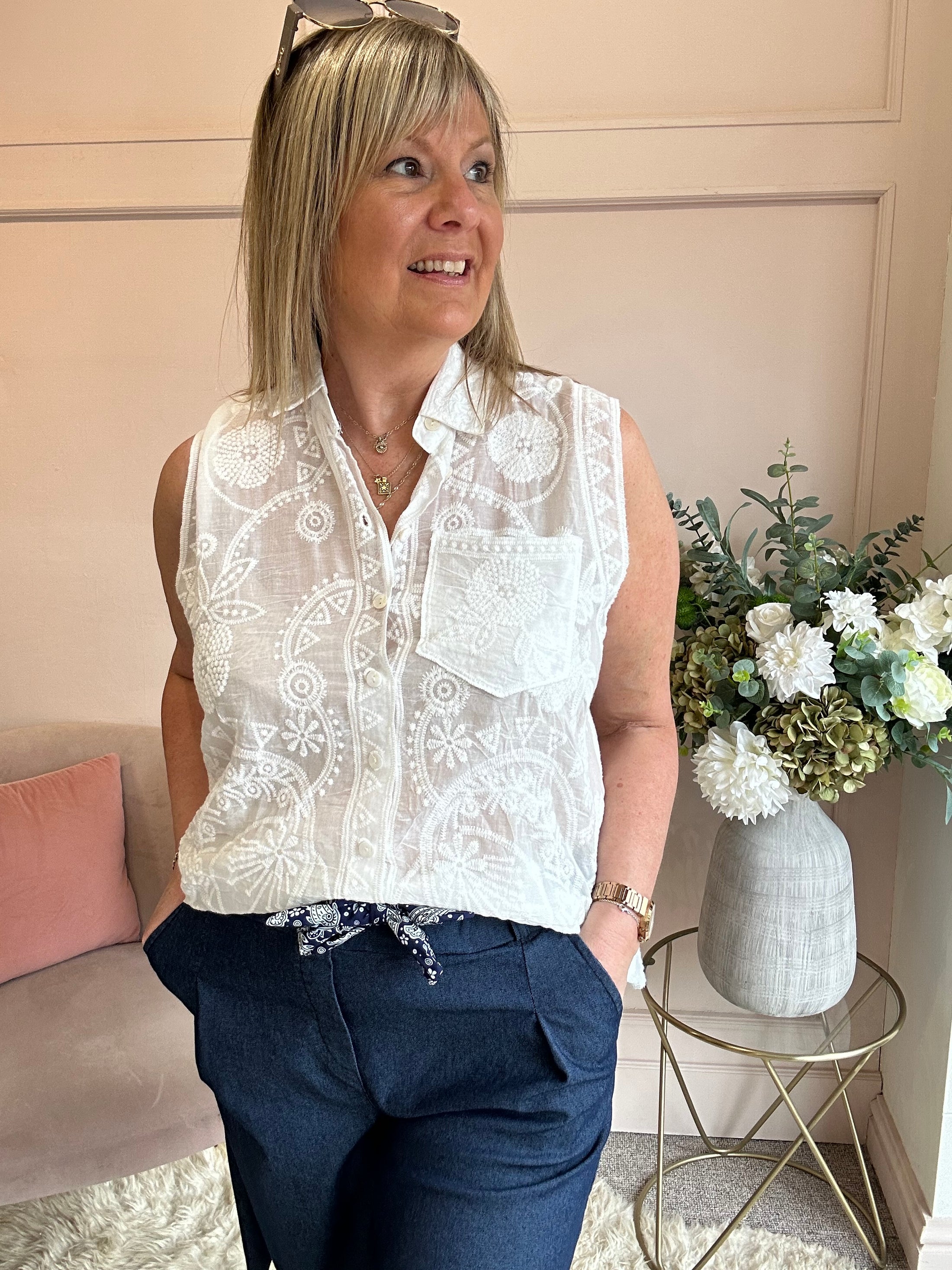 Embroidered Sleeveless Top  - White - Wardrobe By Simone