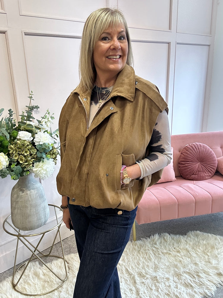 Suedette Sleeveless Jacket - Tan