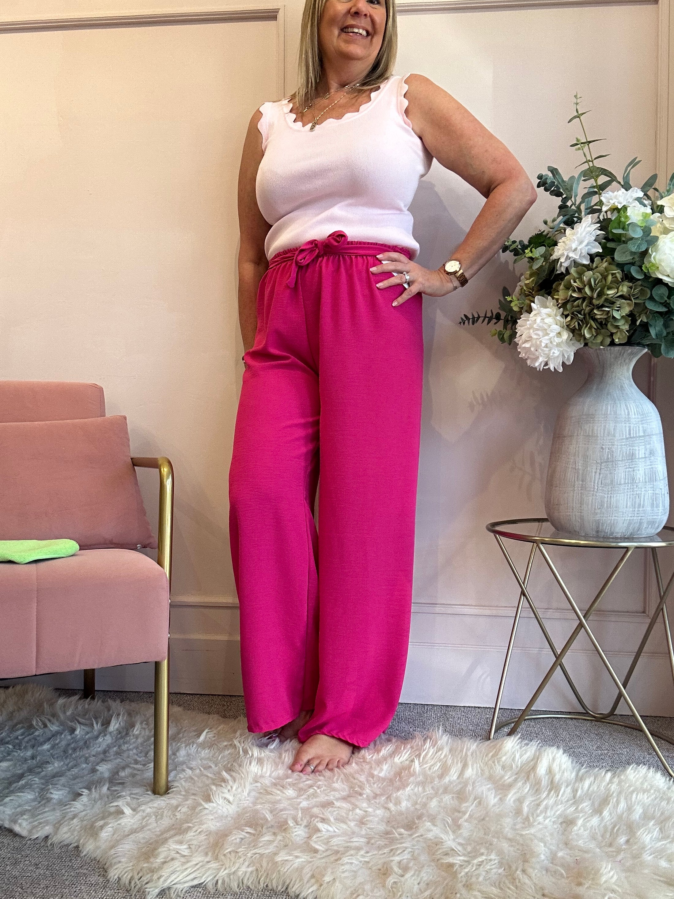Tie Belt Wide Pant - Cerise Pink - Wardrobe By Simone