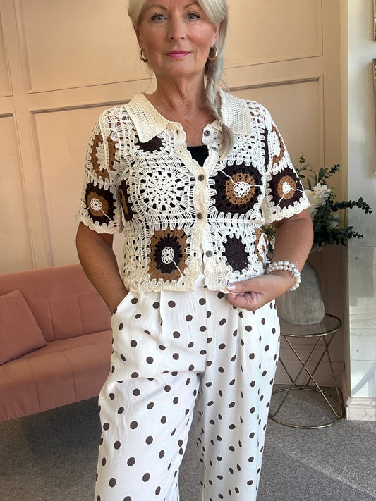 Crochet Collared Cardigan - Cream/Brown/Tan - Wardrobe By Simone