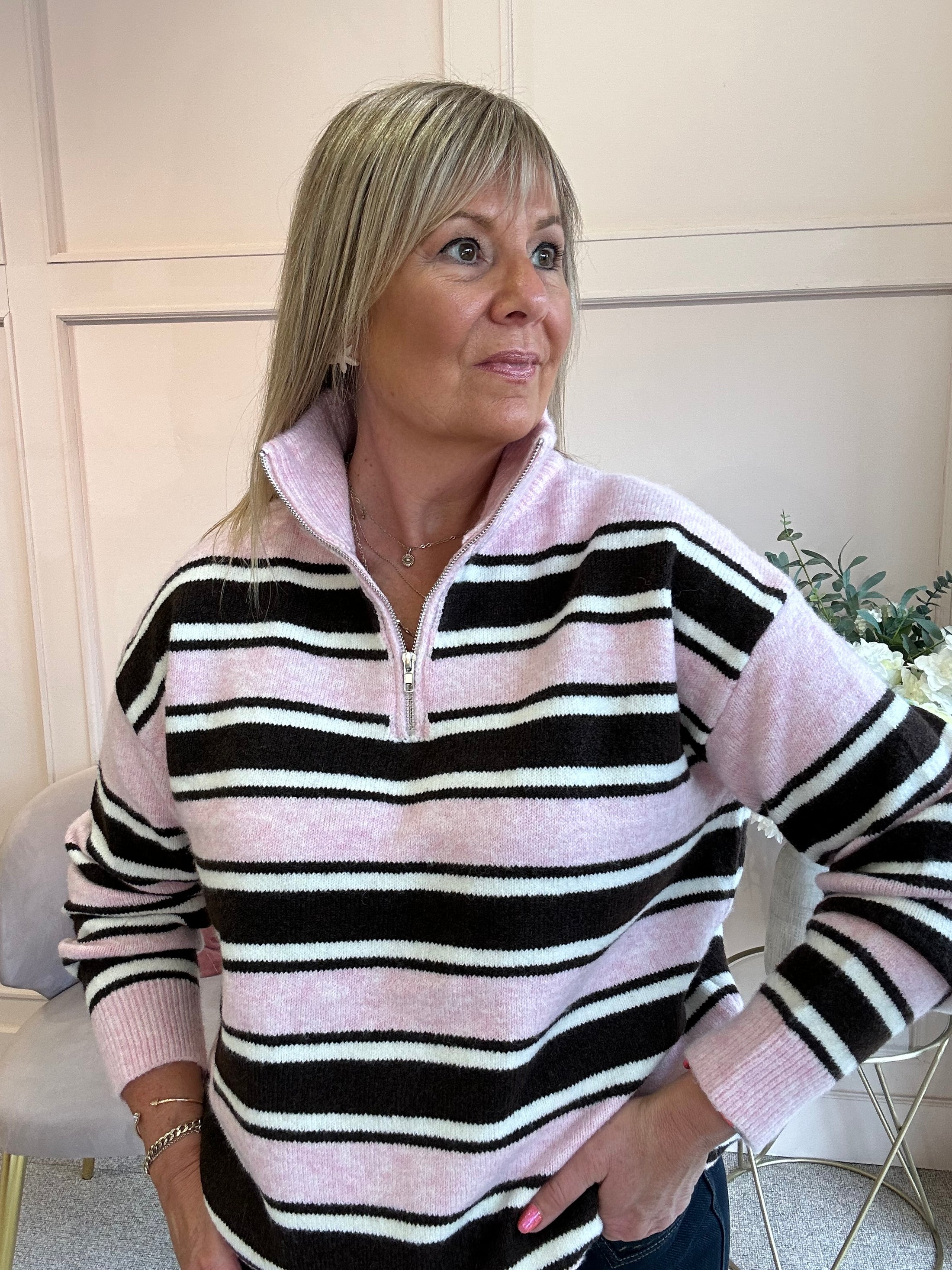 Striped Zip Jumper - Pink/Cream/Brown